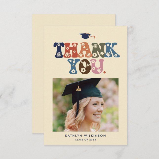 Retro Typography Colourful Trendy Photo Graduation Thank You Card (Front/Back)