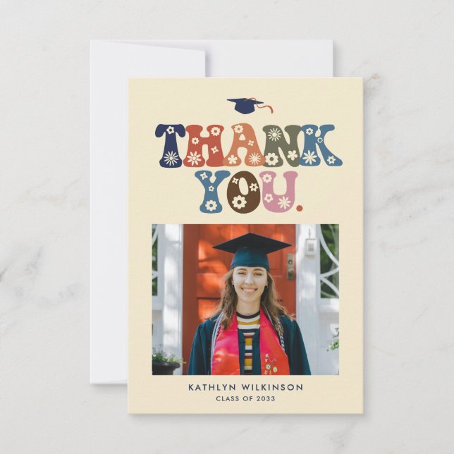 Retro Typography Colourful Trendy Photo Graduation Thank You Card (Front)