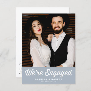 Retro Typography Dusty Blue Photo Engagement Announcement Postcard