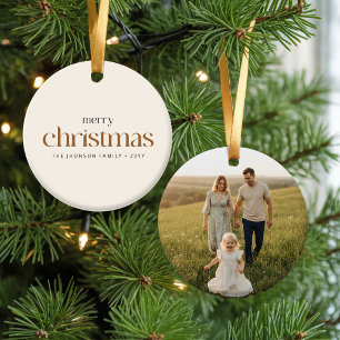 Retro Typography Family Photo Merry Christmas Ceramic Tree Decoration