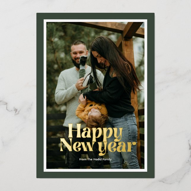Retro Typography Groovy Happy New Year 2025 Photo  Foil Holiday Card (Front)
