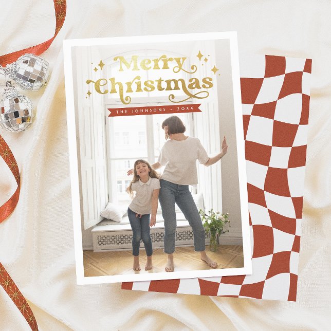 Retro Typography Groovy Merry Christmas Photo Holiday Card (Creator Uploaded)