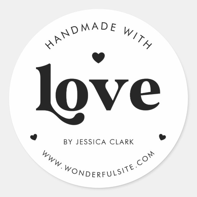 Retro Typography Handmade with Love Black Heart Classic Round Sticker (Front)