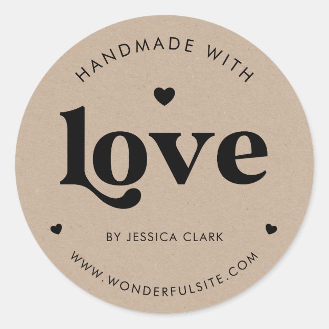 Retro Typography Handmade with Love Heart Kraft  Classic Round Sticker (Front)