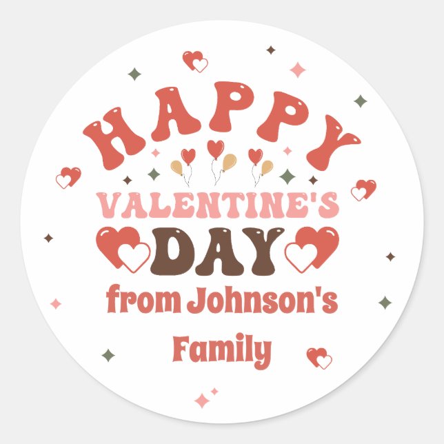 Retro Typography Happy Valentine's Day Family Name Classic Round Sticker (Front)