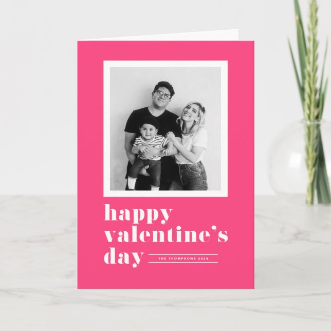Retro Typography Hot Pink Photo Valentine's Day Holiday Card (Front)