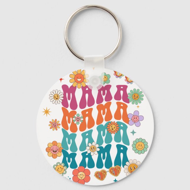  Retro typography Mama Mama Floral Smiley Face Key Ring (Front)