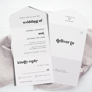 Retro Typography Minimalist Script White Wedding All In One Invitation