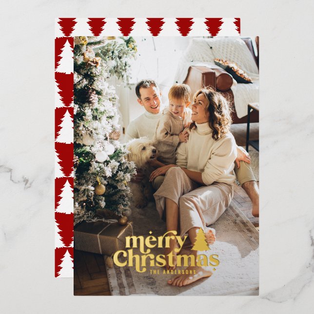 Retro typography modern full photo  foil holiday card (Front/Back)
