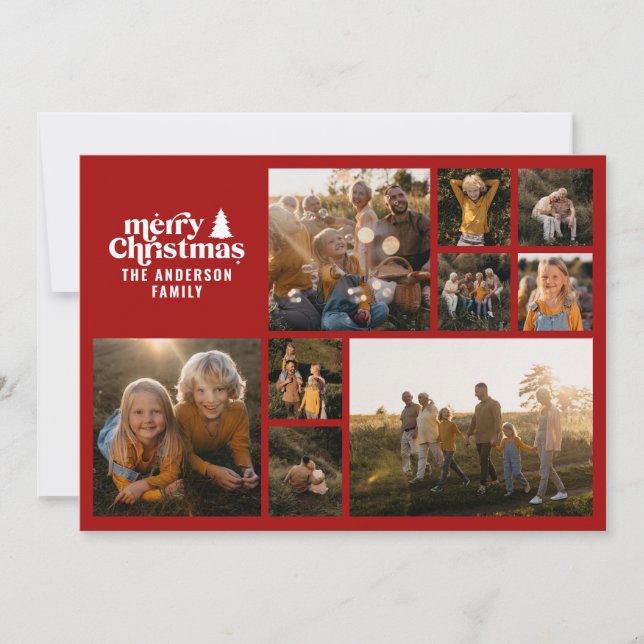 Retro typography modern minimal red multi photo holiday card (Front)