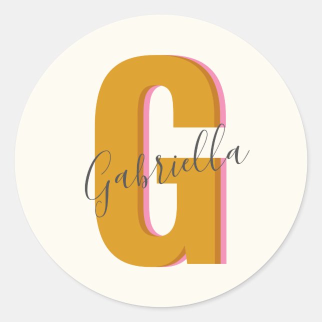 Retro Typography Monogram Initial Name in Yellow Classic Round Sticker (Front)