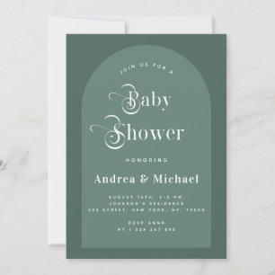 Retro Typography Moss Green Boho Arch Baby Shower Invitation