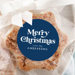 Retro Typography Navy Blue Merry Christmas Classic Round Sticker<br><div class="desc">Simple Christmas stickers featuring "Merry Christmas" displayed in white retro-style lettering with a navy blue background. Personalise the navy blue Christmas stickers with your name or custom text. The stylish holiday stickers are perfect to use for envelope seals, gift wrapping, party favours, and more! Designed to coordinate with our Retro...</div>