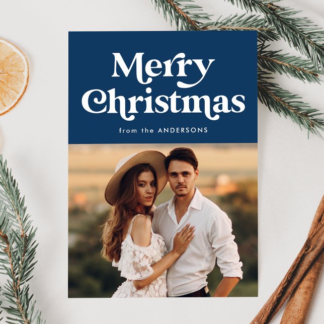 Retro Typography Navy Merry Christmas Photo Holiday Card (Creator Uploaded)