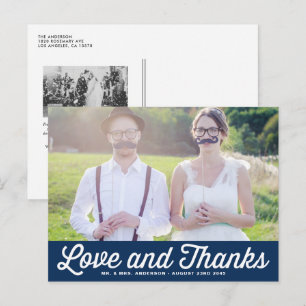 RETRO TYPOGRAPHY NAVY WEDDING THANK YOU POSTCARD