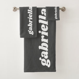 Retro Typography Personalised Name   Black White Bath Towel Set