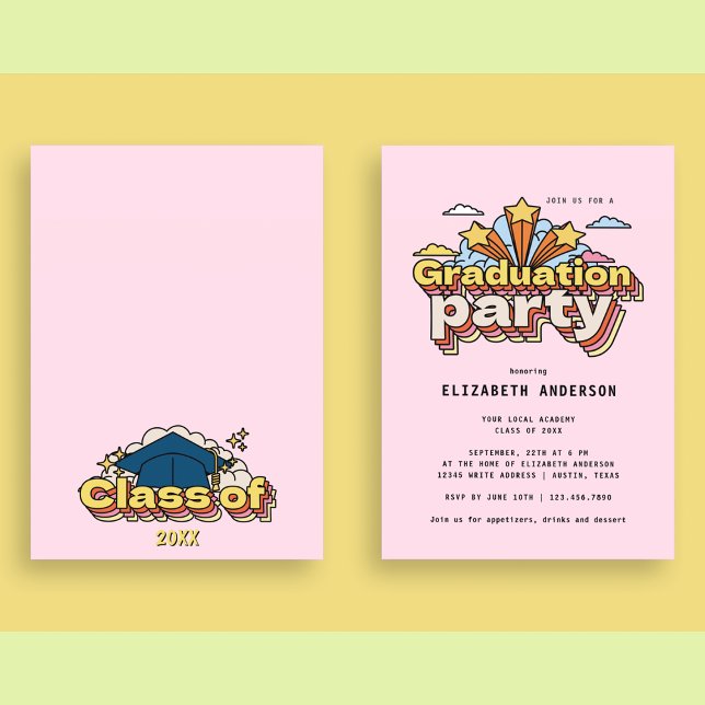 Retro Typography Pink Graduation Colourful Party Invitation (Creator Uploaded)