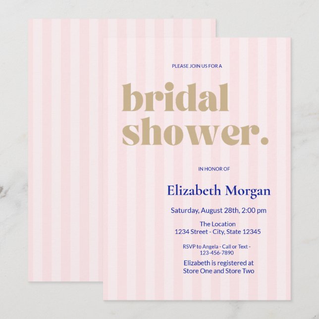  Retro Typography Pink Striped Bridal Shower Invitation (Front/Back)
