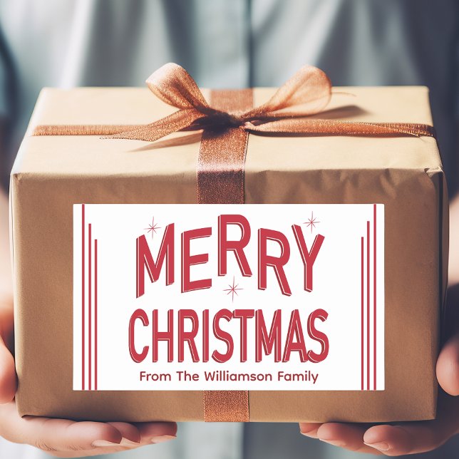 Retro Typography Red Merry Christmas  Rectangular Sticker (Modern Retro Red Merry Christmas sticker label. Attach to gifts, food wrapping, envelopes and more. )