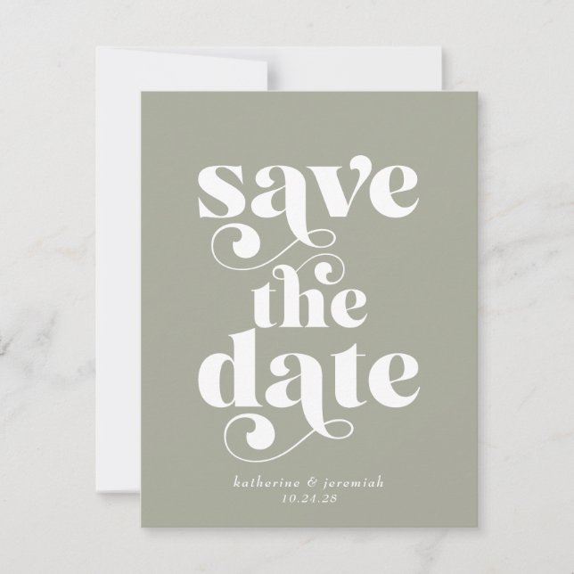 Retro Typography Sage Green Wedding Save the Date (Front)