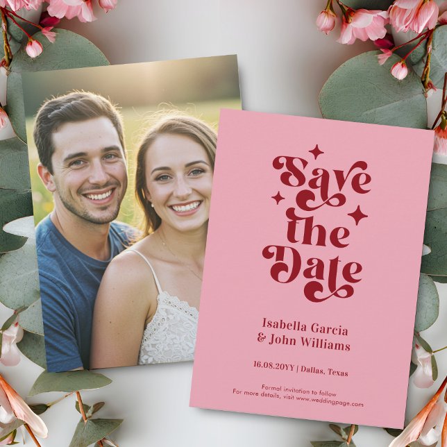 Retro Typography Wedding Save The Date Announcement (Front and back of a 4.5 x 6.25 inches card is shown. Choose size, corner and paper style.)