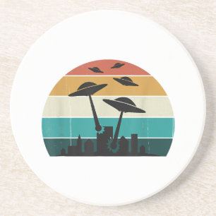 Retro UFO Attack Sunset - Cool Vintage Flying Sauc Coaster