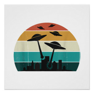 Retro UFO Attack Sunset - Cool Vintage Flying Sauc Poster