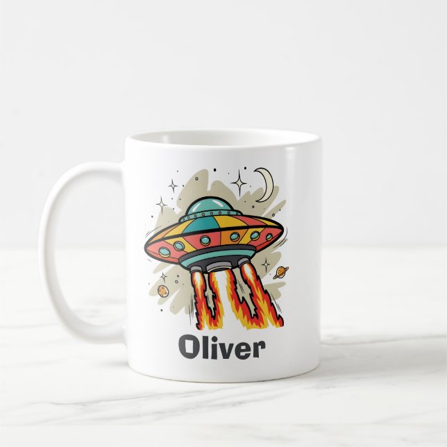 Retro UFO Flying Saucer Alien Spaceship Coffee Mug (Left)