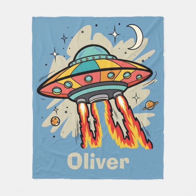 Retro UFO Flying Saucer Alien Spaceship Fleece Blanket (Front)