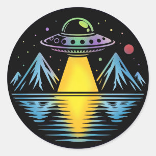 Retro UFO in the Mountains Reflecting in the Water Classic Round Sticker