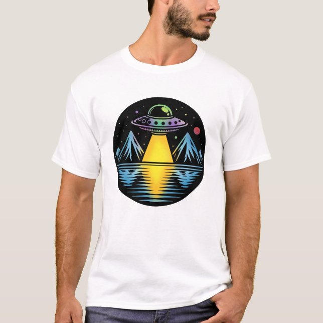 Retro UFO in the Mountains Reflecting in the Water T-Shirt (Front)
