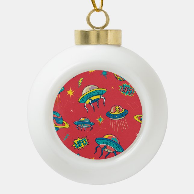 Retro UFO Space Invaders Ceramic Ball Christmas Ornament (Front)