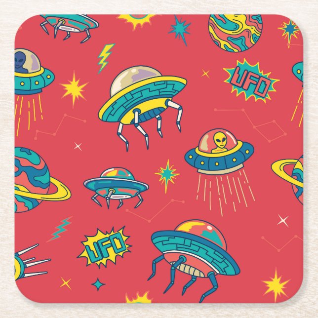 Retro UFO Space Invaders Square Paper Coaster (Front)