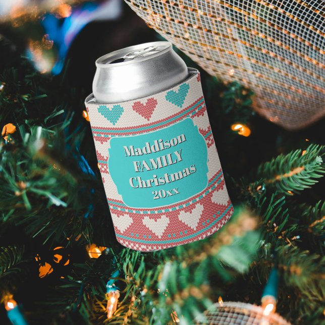 Retro Ugly Christmas Sweater Aqua Blue Red Hearts Can Cooler (Creator Uploaded)