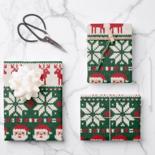 Retro Ugly Christmas Sweater Knit Santa Reindeer Wrapping Paper Sheet