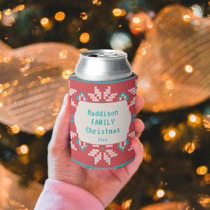 Retro Ugly Christmas Sweater Nordic Red Blue Can Cooler