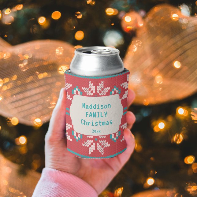 Retro Ugly Christmas Sweater Nordic Red Blue Can Cooler (Creator Uploaded)