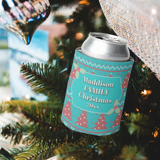 Retro Ugly Christmas Sweater with Trees in Blue Can Cooler (Creator Uploaded)