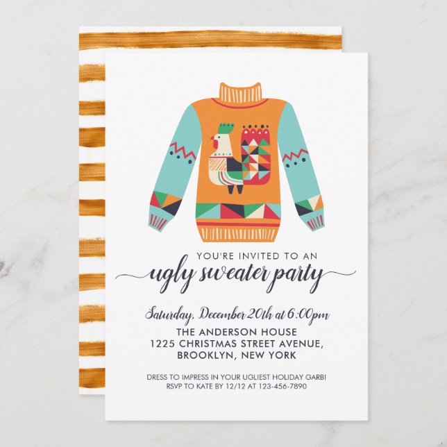 Retro Ugly Sweater Rustic Chicken Christmas Party Invitation (Front/Back)