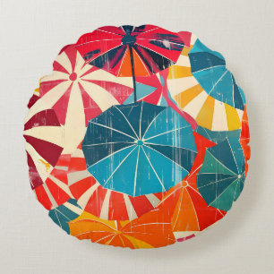 Retro Umbrella Rainy Day Pop Art Round Cushion