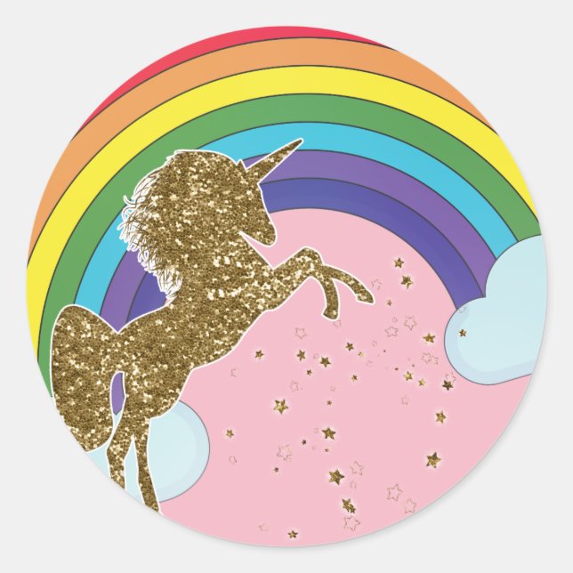 Retro Unicorn Rainbow & Gold Stars Birthday Party Classic Round Sticker (Front)