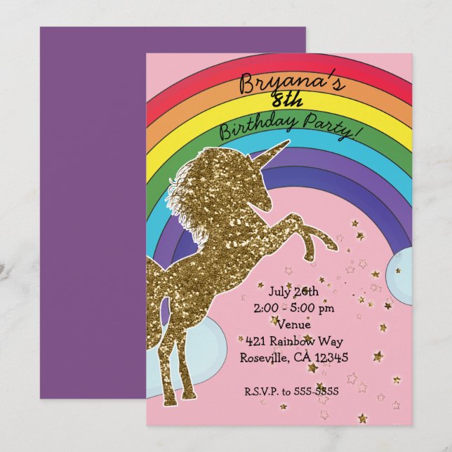 Retro Unicorn Rainbow & Gold Stars Birthday Party Invitation (Front/Back)