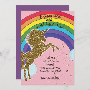 Retro Unicorn Rainbow & Gold Stars Birthday Party Invitation