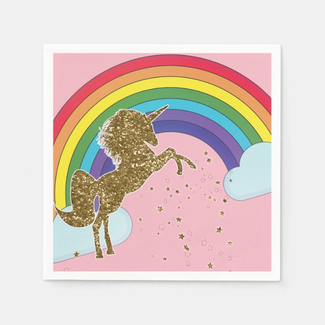 Retro Unicorn Rainbow & Gold Stars Birthday Party Napkin (Front)