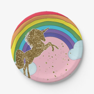 Retro Unicorn Rainbow & Gold Stars Birthday Party Paper Plate