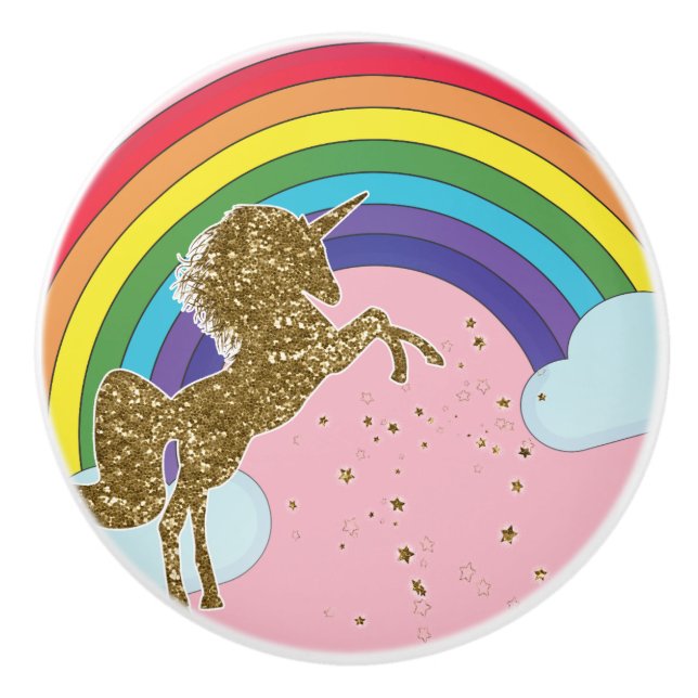 Retro Unicorn Rainbow & Gold Stars Girls Ceramic Knob (Front)