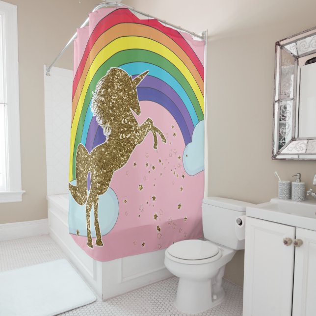 Retro Unicorn Rainbow & Gold Stars Girls Shower Curtain (In Situ)