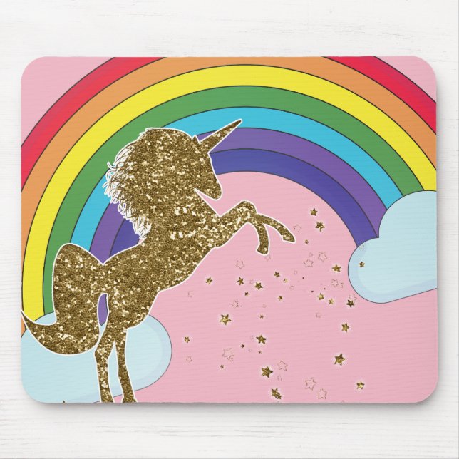 Retro Unicorn Rainbow & Gold Stars Mouse Mat (Front)