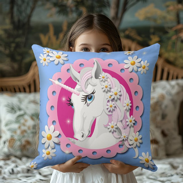 Retro Unicorns and Daisies Pattern on Blue Cushion (Creator Uploaded)