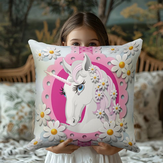 Retro Unicorns and Daisies Pattern on Blue Cushion (Creator Uploaded)